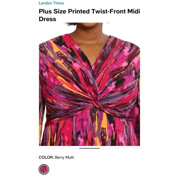 London Times Twisted Front 3/4 Sleeve A-Line Dress Berry Multi Print Size 16 - Picture 5 of 16